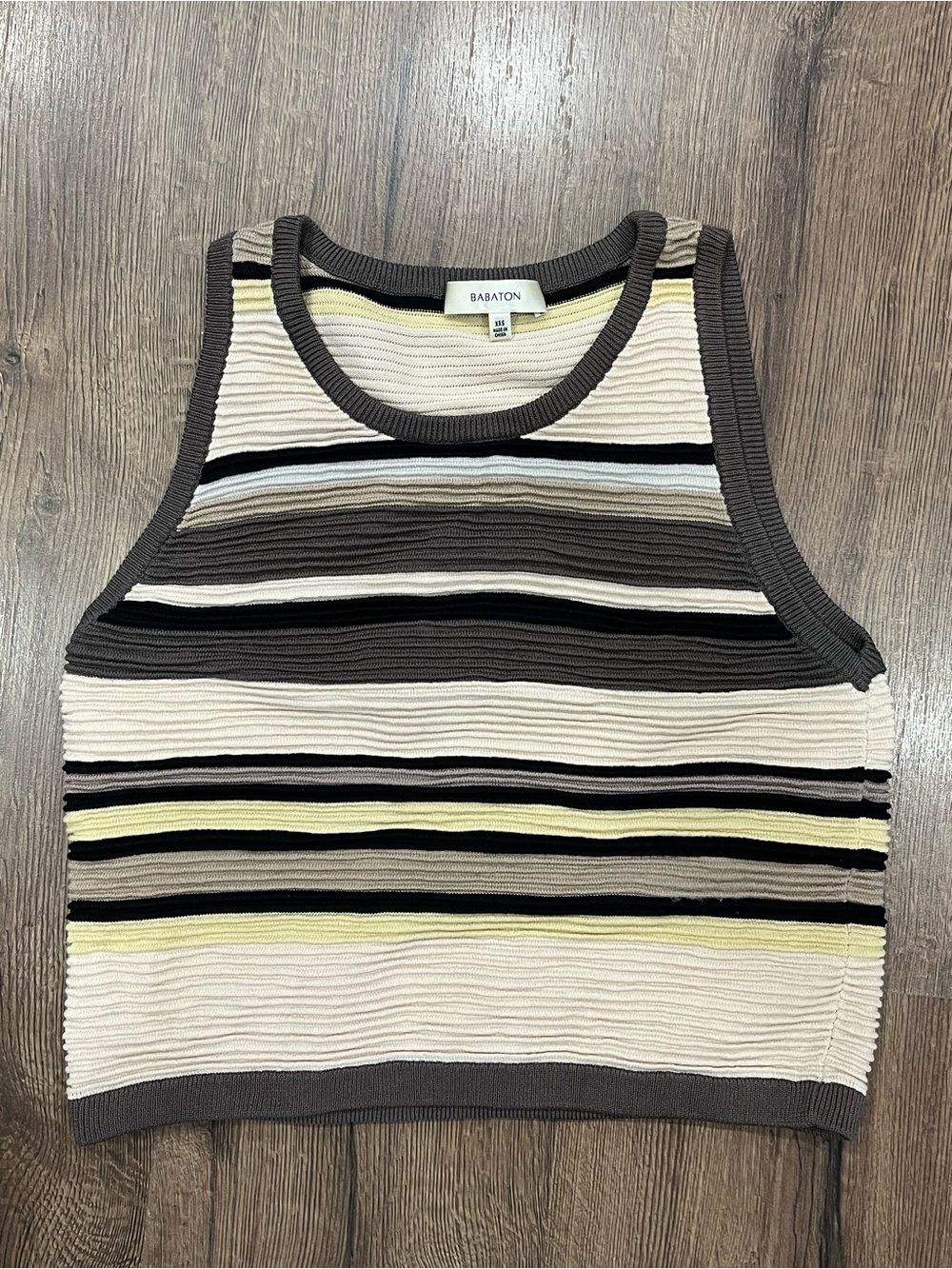 Babaton Neutral Striped Ribbed Tank with Yellow Accents